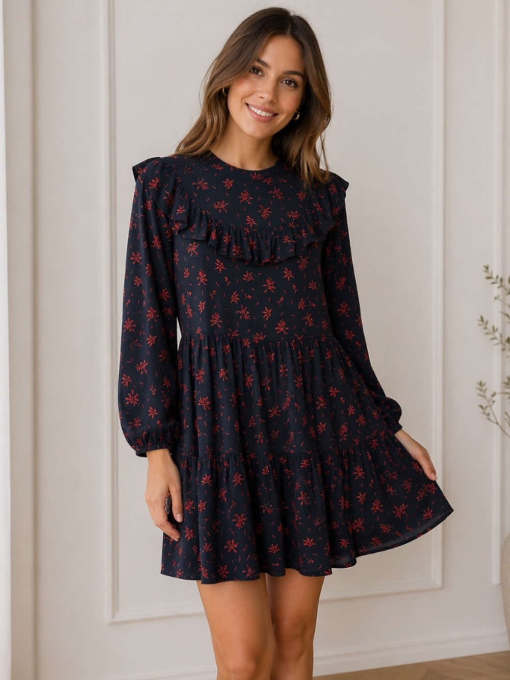 Zara Black Red Floral Ruffle Tiered Mini Dress Long Sleeve Size M